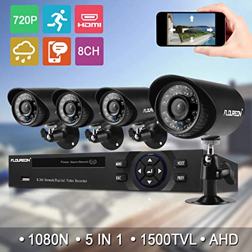 FLOUREON 8CH Home Security Camera System Outdoor DVR 720P 4PCS HD-AHD Camera 5 in 1 Digital Video DVR CCTV Recorder (HDD Not Included)