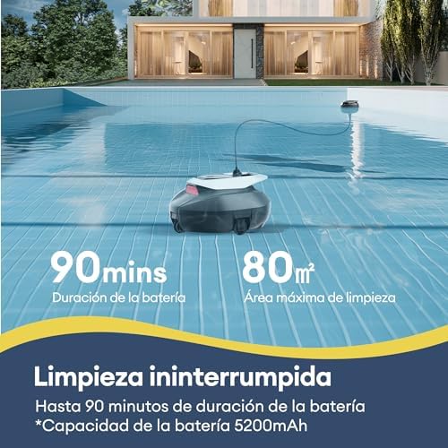 Robô Limpador de Piscinas, 90Min, 80m², Poste Livre de Recolha, Estacionamento Automático, Aspirador de Piscina Sem Fios com 2 Motores, 5200mAh, para Piscina Elevada e Subterrânea