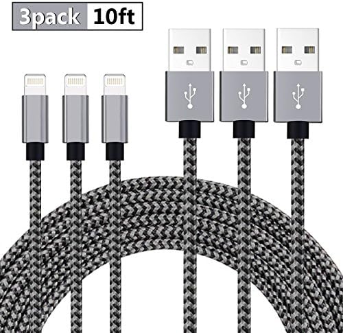 Lightning Cable,Unikaw 3 Pack 10FT Nylon Braid Cord to USB Syncing iPhone Charger and Charging Cable for iPhone 7/7 Plus/6/6 Plus/6s/6s Plus/5/5s/5c/SE and more (3 Pack 10FT)