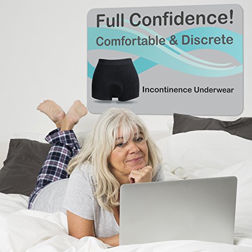 Incontinence Underwear Womens Active Brief (Black) with Super-Absorbent (14 Oz) White Bamboo Charcoal Pad. (Large)