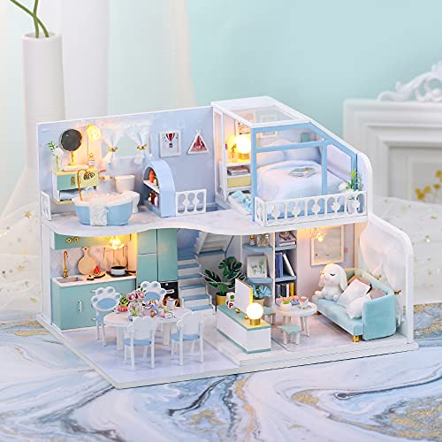 LISTENSEA Dollhouse Wooden Dollhouse Kit Blue Doll House with Music DIY