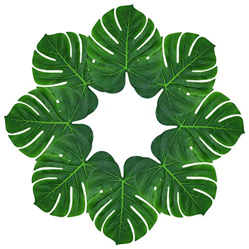 Soyee 48pcs Tropical Large Palm Leaves, DIY Waterproof Artificial Leaf Placemats and Table Runners for Hawaiian Luau Party Decoration, Jungle Party Supply