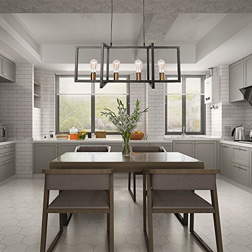 Lingkai Modern Kitchen Island Light Pendant Chandelier 4-Light Ceiling Light Industrial Pendant Lighting Fixture Matte Black with Antique Brass Finish