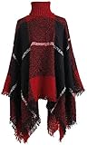 QZUnique Women Poncho Sweater Knit Turtleneck Cape Pullover Shawl Tassels Plaid