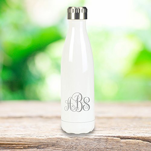 Personalized White Stainless Steel Double Wall Insulated Water Bottle - Interlocking Monogram Font