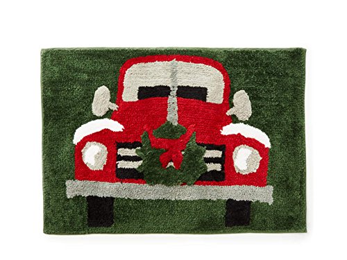 Christmas Bath Rug, Retro Winter Time Holiday Red Truck Design with Wreath Decoration, Seasonal Plush Tufted Polyester Bathroom Mat, 20 x 30 Inches Rectangle