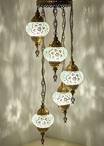 Demmex トルコモロッコモザイク ハードワイヤまたはスワッグプラグインシャンデリアライト 天井吊り下げランプペンダント器具 5つのグローブ 5 X 4 7インチハードワイヤ
