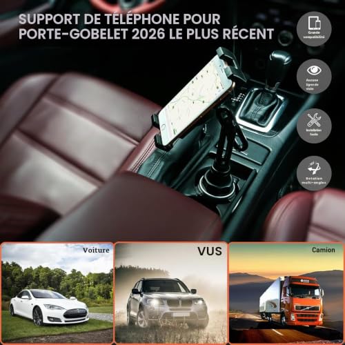 Support Tablette Voiture Gobelet, woleyi Universel Porte Gobelet Tablette avec Bras Télescopique, Support Téléphone Voiture Tasse, Pour iPad Pro 12.9 10.5 9.7 Air Mini 5 4 3 2, iPhone Series 4-13"