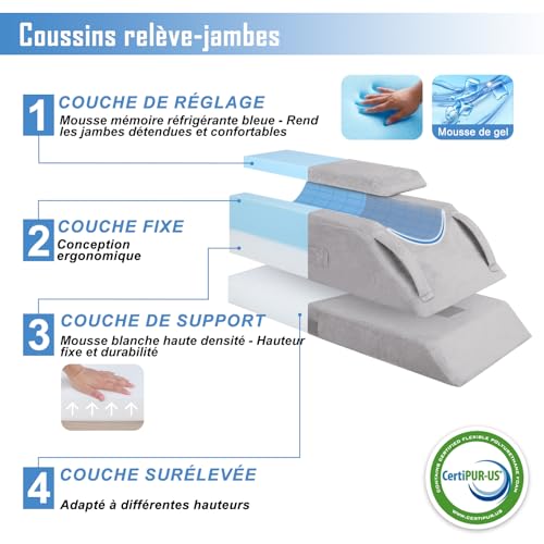 Leg Raise Cushions, Adjustable in 4 Heights, Ideal for After Surgery, Injuries or Relaxation, Orthopaedic Memory Foam, with 3 Handles and a Removable Insert, Washable Velvet Cover
