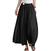 TARSE Womens Linen Wide Leg Cropped Pants Baggy Palazzo Boho Casual Elastic Waist Summer Beach Skirt Pants with Pockets