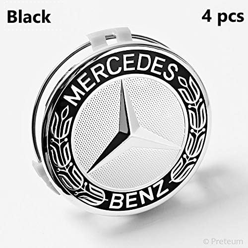 Preteum Set of 4 pcs - Wheel Center Caps for Mercedes Benz - Black - Compatible for All Mercedes OEM Rims - incl. Installation Instructions - 75mm / 3 Inch
