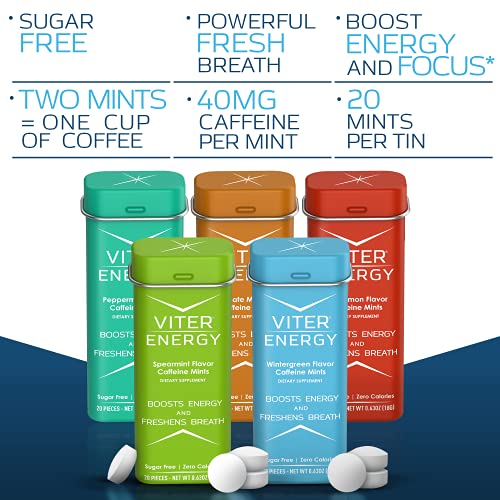 Viter Energy Caffeinated Mints 5 Flavor Variety Pack. 40mg Caffeine