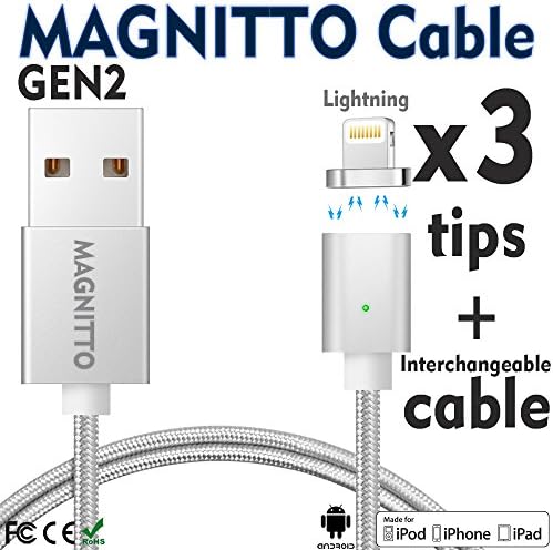 Lightning Cable, iPhone USB Charging Cable MAGNITTO Magnetic USB charger cord+3 Lightning Adapters, Nylon Braided Cord Premium Durable for iPhone X / 8 / 8 Plus / 7 / 7 Plus / 6 / 6 Plus / 5S GEN2