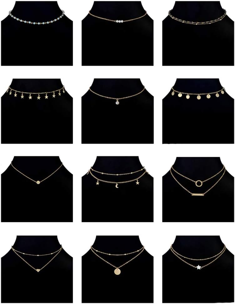 Ofeiyaa 12/16pcs Chain Gold Bead Necklace Coin Moon Star Pearl Pendant Chain Choker Multilayer Necklace Leather Cord Set for Women Men Adjustable Gold Tone