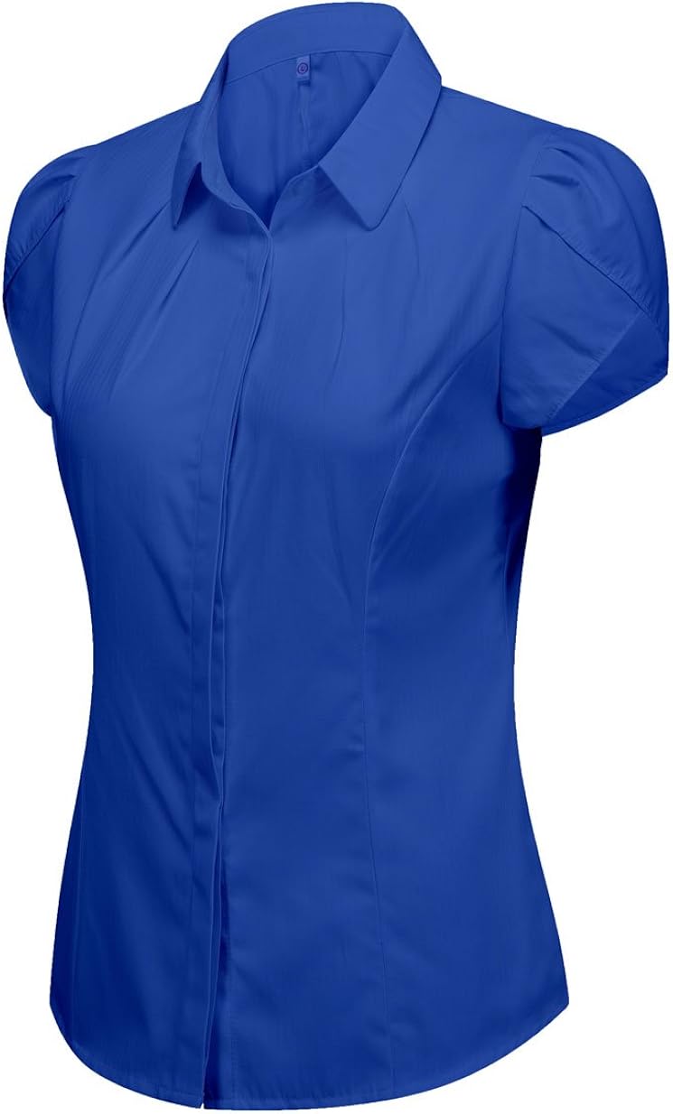 Women's Cotton Collared Button Down Work Shirt Short Sleeve Blouse