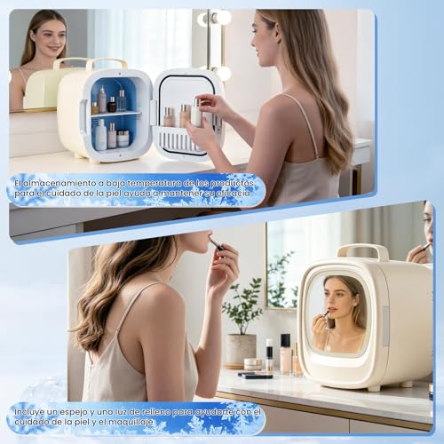Refrigerador para Skincare 6L, Mini Nevera Portátil con Termoeléctrico Enfría/Calienta, Luces LED con Espejo, Mini Refri para Cosméticos, Bebidas, Leche Materna, Ideal para Belleza, Hogar y Coche