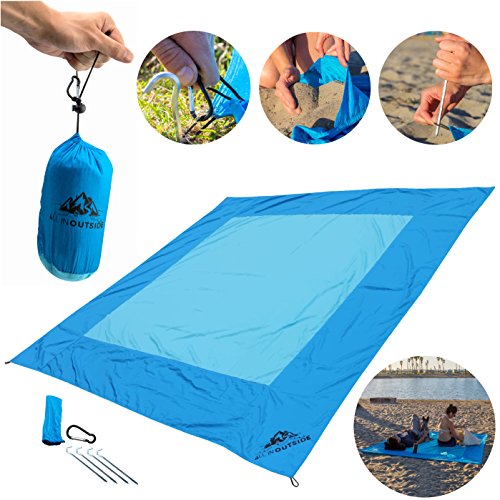 Big Blue Beach Blanket by All In Outside - 100% Parachute Nylon - Lightweight, Portable, Compact 4x7 Inch Travel Bag - Water, Sand, Wind Resistant - One of the Best Blankets for a Picnic by the Ocean!