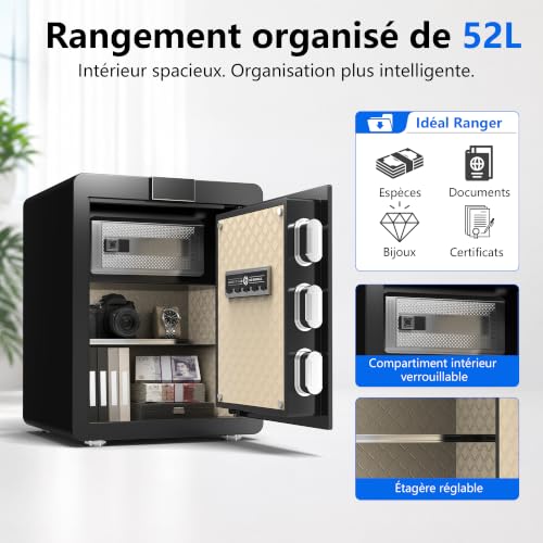 22 kg Heavy Duty Steel Safe 52 L Electronic Safe with Footprint, Digital Code and Key for Home and Office, Ideal for Jewellery, Money and A4 Documents, Instructions in French (Black, 52L)