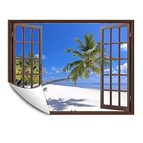 Wall Murals for Bedroom Fake Window Beach Brown Window Removable Wallpaper Peel and Stick Wall Stickers - 24x32 inches