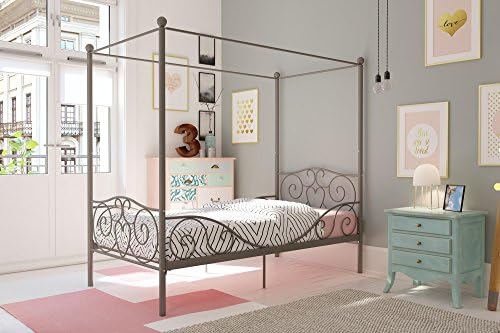 Dhp Canopy Bed With Sturdy Bed Frame, Metal, Twin Size Pewter