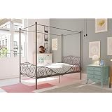 DHP Metal Canopy Kids Platform Bed with Four Poster Design, Scrollwork Headboard and Footboard, Underbed Storage Space, No Box Sring Needed, Twin, Pewter