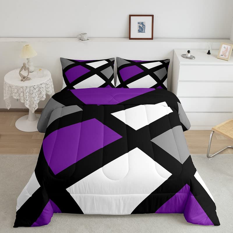Modern Abstract Bedding Set Stripe Simple Geometric Duvet Set for Kids Boys Girls Purple Gray Black White Microfiber Quilt Set Bedroom Down Comforter Double