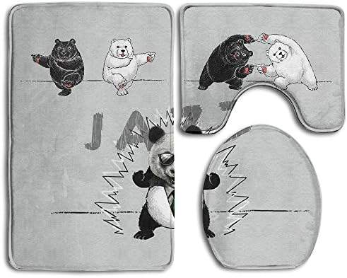 Bathroom Non-Skid Carpet Bath Rugs 3 Pieces Set Water-Absorbing Funny Cartoon Panda Flannel Toilet Floor Bath Mats Contour Rug Lid Cover