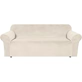 H.VERSAILTEX Stretch Velvet Sofa Covers for 3 Cushion Couch Covers Sofa Slipcovers Furniture Protector Soft with Non Slip Elastic Bottom, Crafted from Thick Comfy Rich Velour (Sofa 72"-90", Ivory)