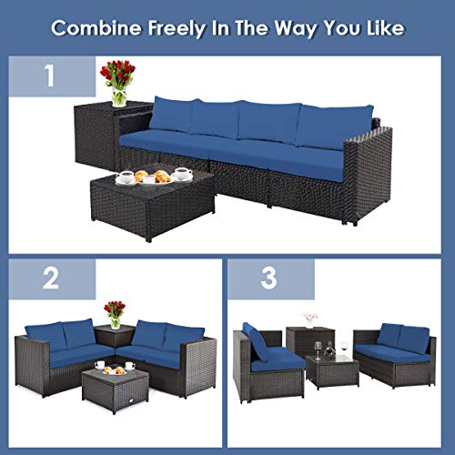 DORTALA Wicker Patio Furniture Set 4 Piece, Outdoor Sectional Couch Set with Table, Loveseat, Storage Box, All-Weather Rattan Conversation Sofa for Balcony, Porch, Backyard, Deck, Navy