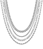 LOYALLOOK 4Pcs Womens Mens Stainless Steel Chain Necklace Mega Pack Rolo Figaro Rope Curb Chain Set 16-24