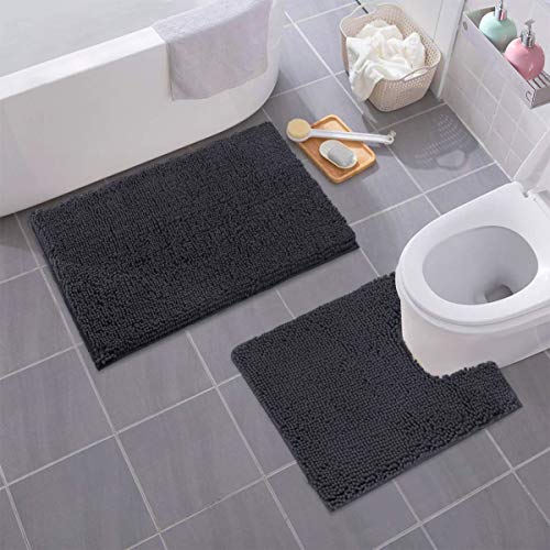Charcoal Grey Bathroom Rugs Sets 2 Piece, Luxury Chenille Bath Mat Set