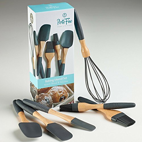 PortoFino 6 Pc. Baking Utensil Set – Beech Wood & Silicone – Cooking / Kitchen Tools – 9” Large Spatula, Small Spatula, Spoon Spatula, Flat Pastry Brush, Round Pastry Brush, 12” Whisk, Gray