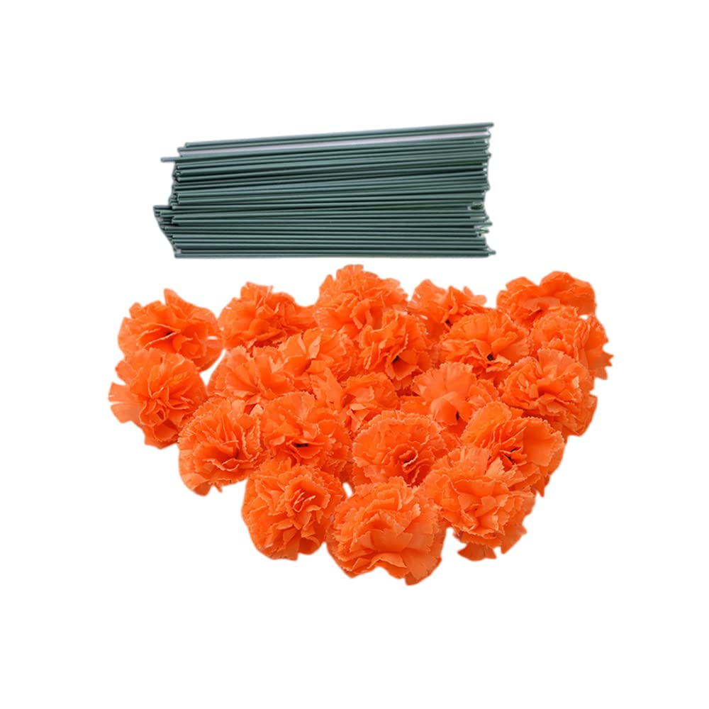 Rikyo 50 Orange Artificial Silk Carnation with Stems,Marigold Flower Heads,Vase Fillers,Flower Heads for Diwali Home Decor Day of The Dead Wreath Garland Cake Ornaments,3" Petals Heads