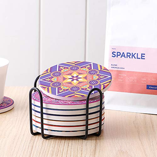 image for LIFVER 8 Packs Absorbent Drink Coaster Sets, Mandala Style Ceramic Sto