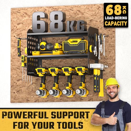 Yeabett 3 Level Tool Wall Mount, Tool Storage for 4 Power Tools, Tool Wall Mount for Garage, Workshop, 42.5 x 20 x 31 cm (Black)