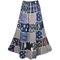 Mogul Interior Women Maxi Skirt Patchwork Blue Rayon Tribal Boho Flare Skirts S/M