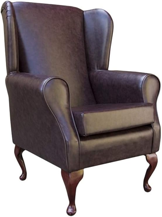 Beaumont Fabrics High Wing Back Fireside Chair Premium Faux Brown Chestnut Leather Comfy