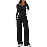 Trendy Queen Women's 2 Piece Matching Lounge Sets Long Sleeve Henley Neck Slightly Crop Top Wide Leg Pants Casual Sweat Suit