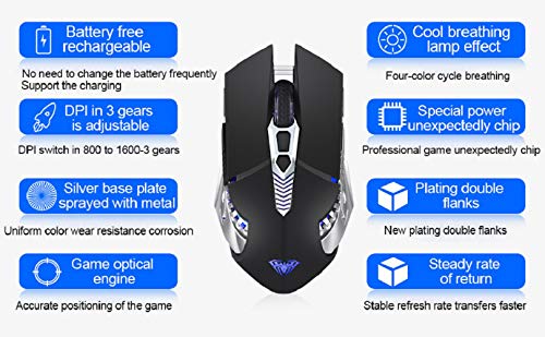 Bluetooth Mouse, Rechargeable Wireless Mouse with Side Button, Multi-Device(3-Mode:BT5.0/3.0 + 2.4Ghz), 7 Color LED Lights, Ergonomic Gaming Mice for PC Computer Laptop Mac Tablet(Black-Sound)