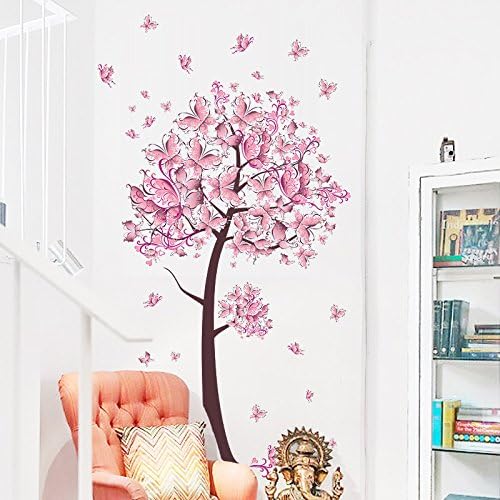 Pink Butterfly Flower Tree Wall Stickers Decals Girls Women Flower Mural Vinyl Wallpaper Home Living Room Bedroom Decor