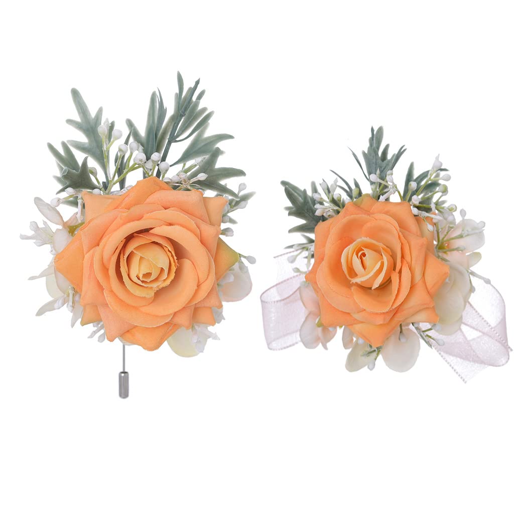 IYOU Bridal Wrist Corsage Set Orange Flower Corsage Wristband Men Boutonniere Prom Bridesmaid Bride Boutonniere Set Accessories for Women and Men