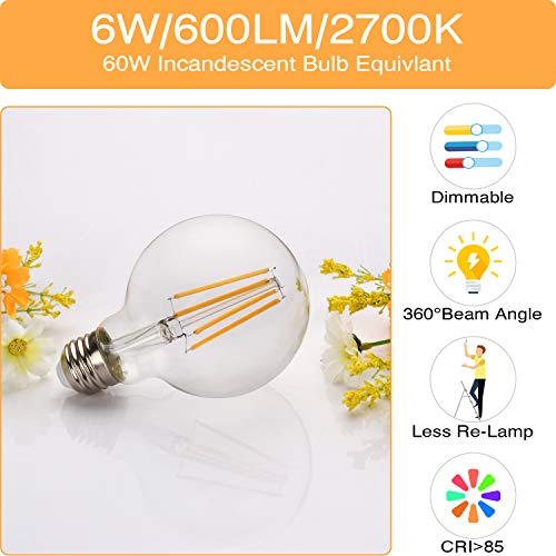 G25 Led Edison Bulb Dimmable LED Globe Light Bulb 60W Equivalent 2700K Soft White 600LM 6W Led Filament Bulb E26 Standard Base Decorative Vanity Bulbs for Makeup Mirror, Bathroom, 4 Pack, by Boncoo