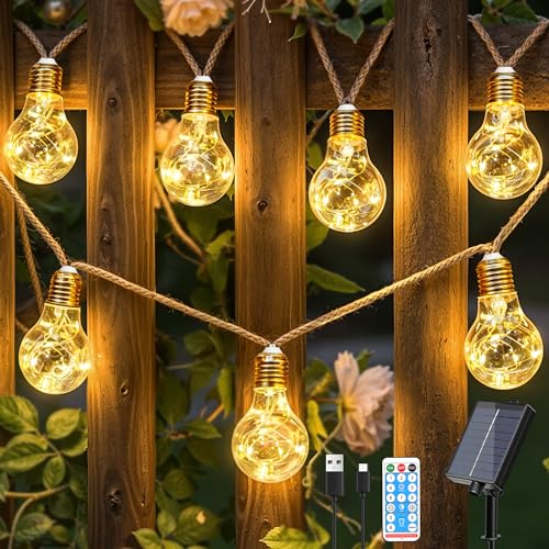 Ollny Solar Fairy Lights Outdoor 24 Bulbs, 12 m Fairy Lights Outdoor Weatherproof Warm White, with 8 Modes, Timer & Dimmable, Solar Fairy Lights with Hemp Rope for Garden, Party, Balcony, Yard