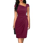 Women's Vintage Cap Sleeves Asymmetrical Neckline Sheath Bodycon Casual Work Cocktail Party Pencil Faux Wrap Dresses