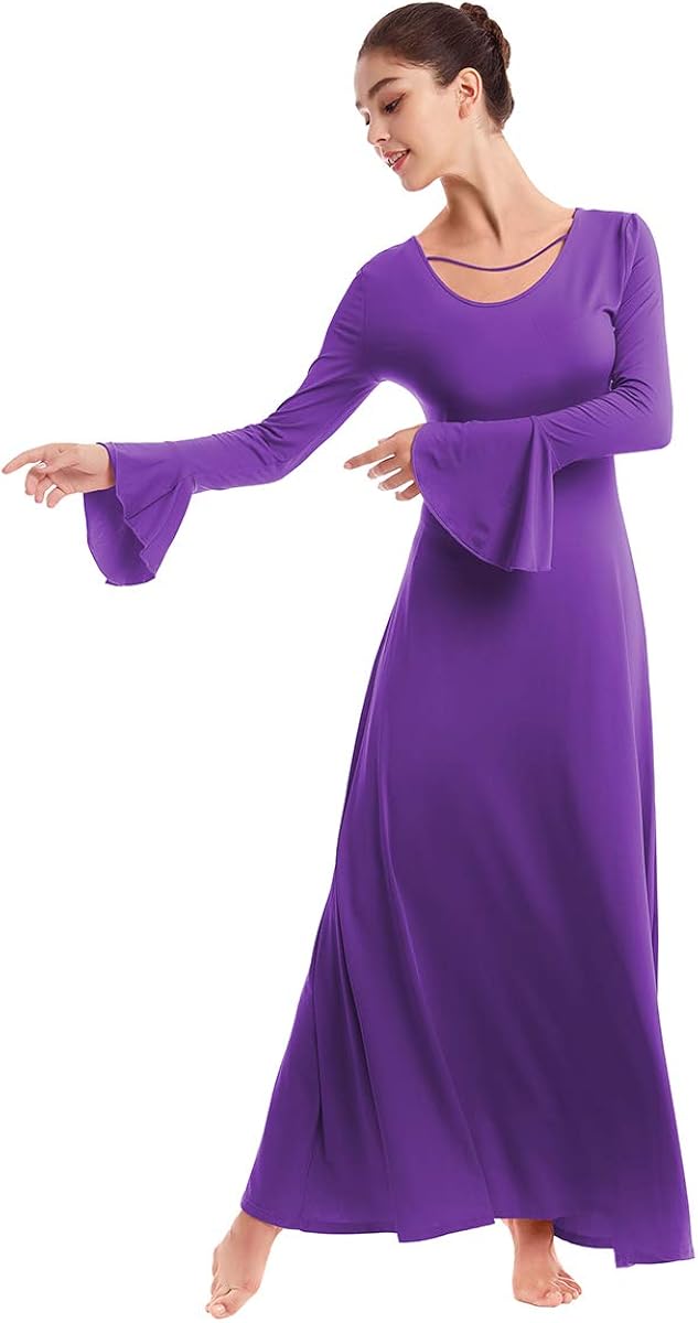 Womens Praise Bell Long Sleeve Dance Dress Loose Fit Full Length Liturgical Lyrical Worship Dancewear: Clothing