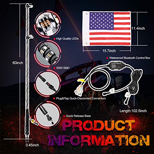 LED Whip Lights, OFFROADTOWN 2PCS 5FT Bluetooth Spiral Lighted Whips with Dancing/Chasing Light LED Antenna Light For UTV ATV RZR Off-Road Polaris Dune 4X4 Jeep Trucks