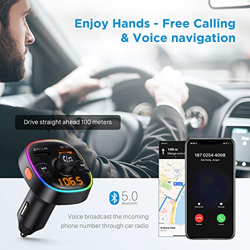 Wireless Bluetooth 5.0 Audio Adapter and Receiver,FM Transmitter for Car with Dual USB QC 3.0 Fast Charge,7 Color LED Backlit,Support USB Flash Drive/TF Card and Hands Free Calling