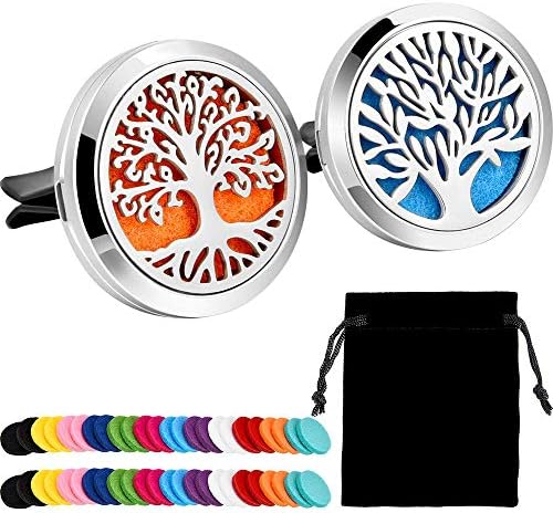 UWOOD 2 Pieces 316L Stainless Steel Car Aromatherapy Essential Oil Diffuser Air Freshener Vent Clip Locket with 15 Pieces Replacement Felt Pad (Tree Patterns)