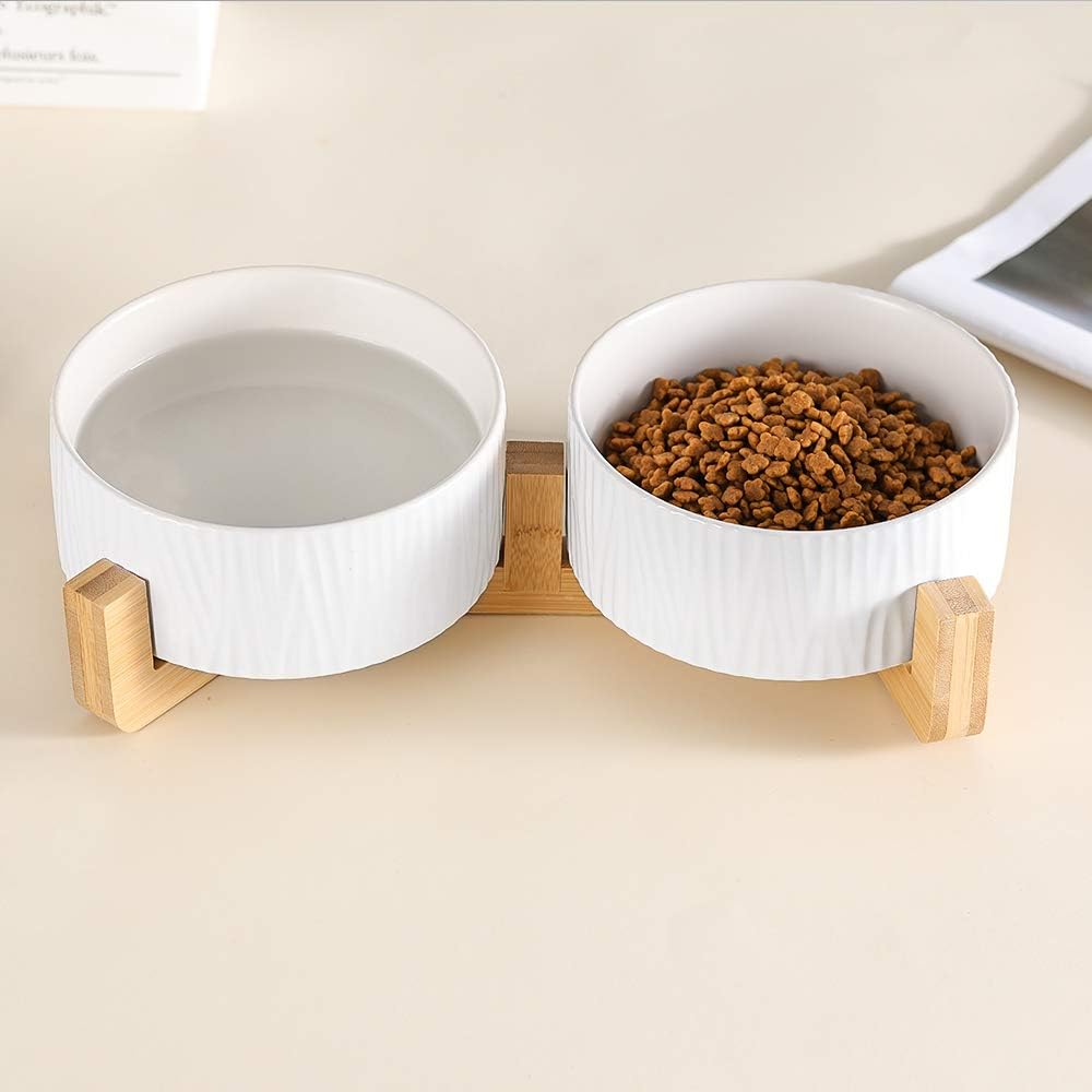 HCHLQLZ White Ceramic Cat Dog Bowl Dish with Wood Stand No Spill Pet ...