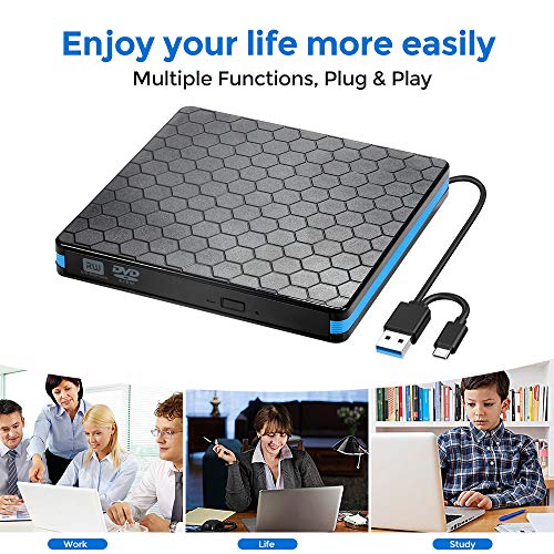 External Optical Drive, CD Drive with USB 3.0 & Type-C for VCD/DVD/CD -ROM/ -R/ +R /-RW Burner/Reader/Writer, Compatible for Windows/Linux/MAC OS